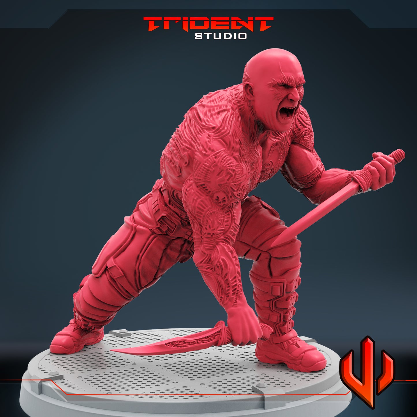 a red statue of a man holding a baseball bat