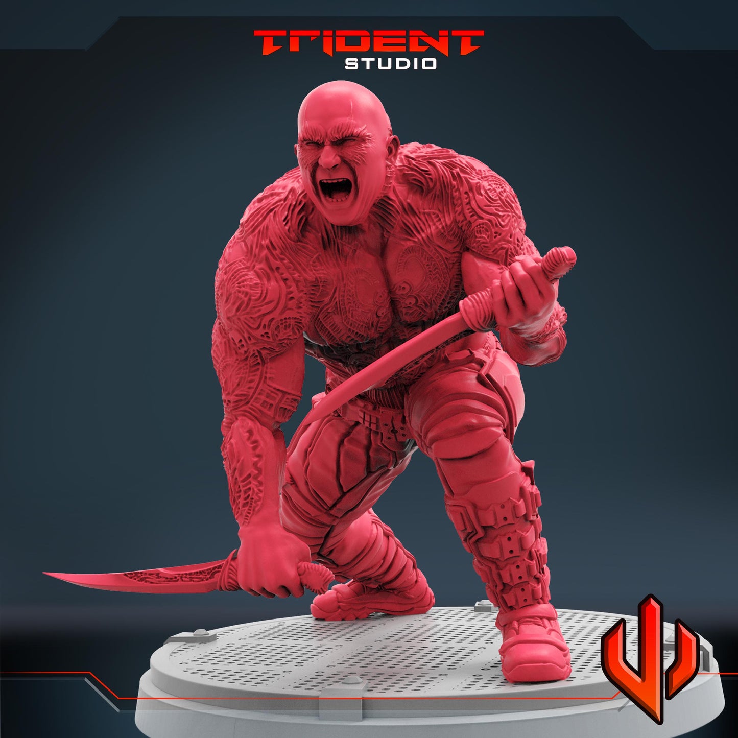 a red statue of a man with a sword