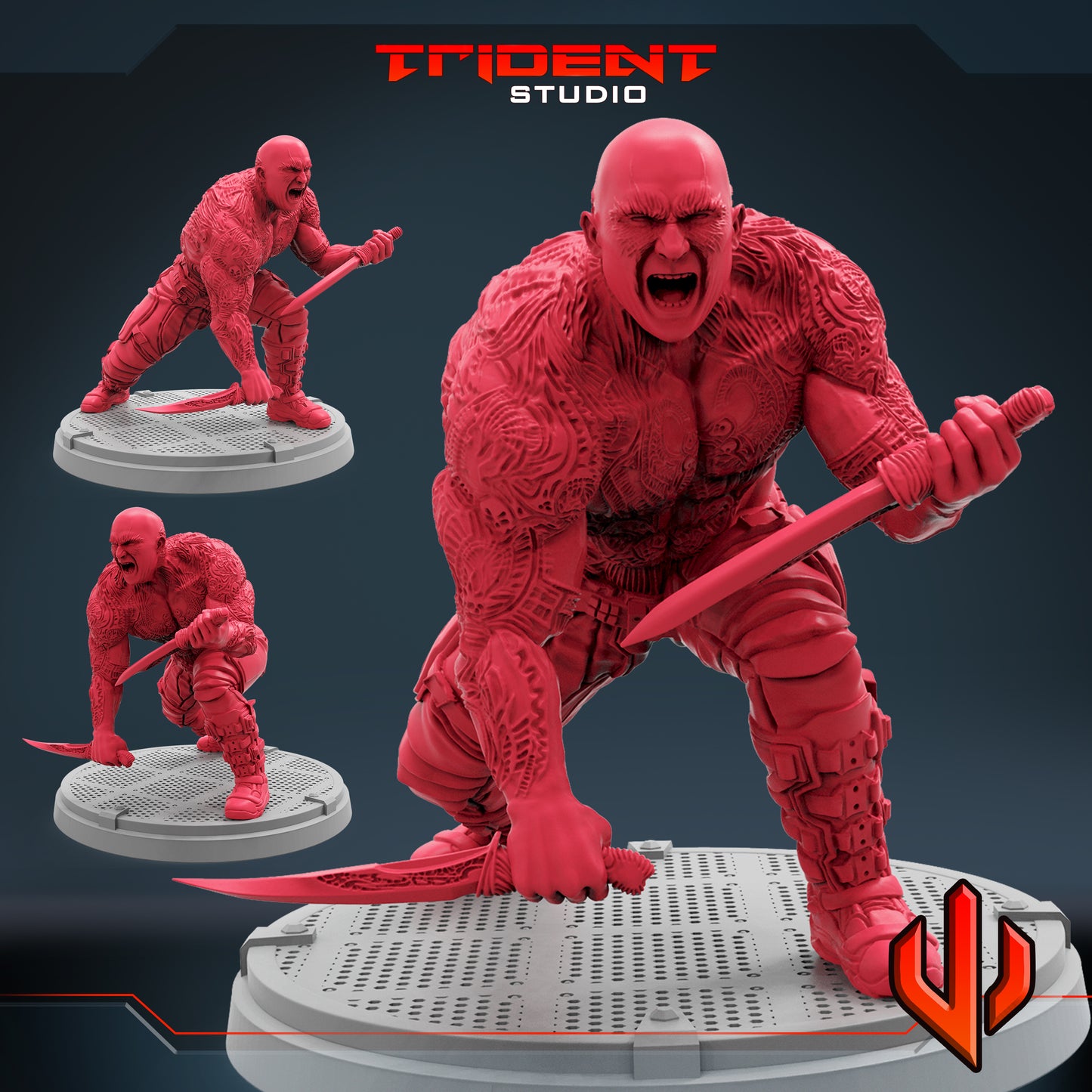 a red statue of a demon holding a sword