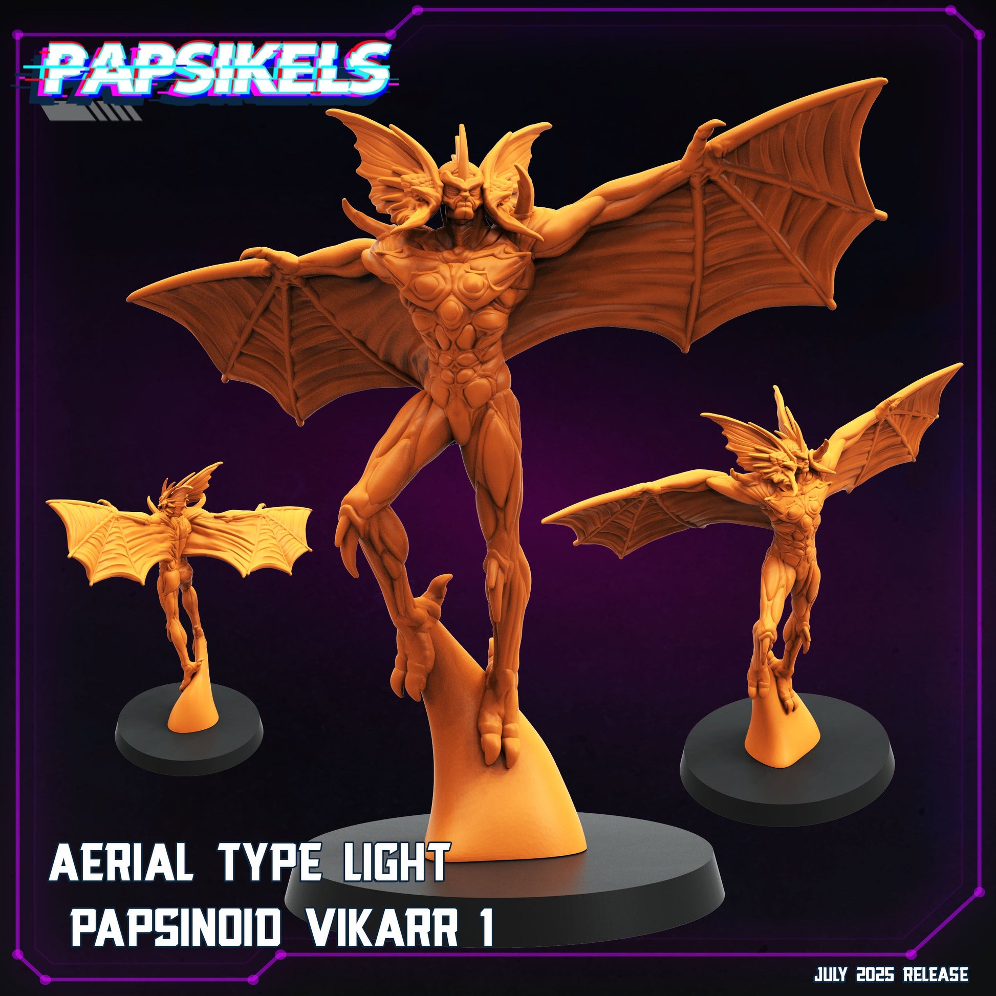 three detailed figurines of a winged creature, possibly a dragon or bat-like creature, set against a dark purple background.