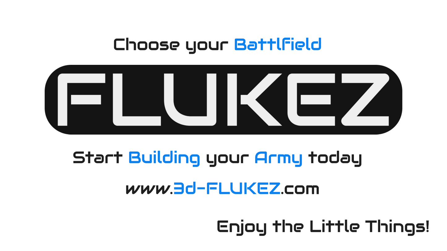 a logo for a company called "FLUKEZ". The logo consists of the word "FLUKEZ" in large white letters, with a smaller "Z" below it. The text above the logo reads "Choose your Battlefield", and below the logo, it says "Start Building your Army today". The website address "www.3d-FLUKEZ.com" is also provided. The bottom of the image encourages viewers to "Enjoy the Little Things!"