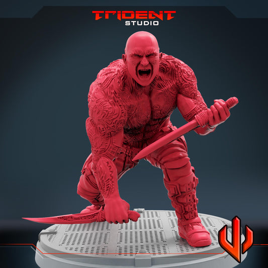 a red statue of a demon holding a baseball bat